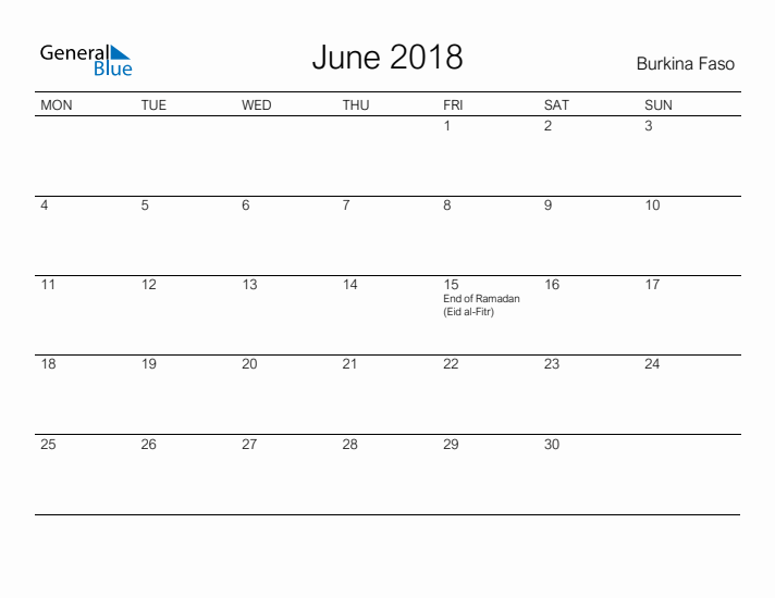 Printable June 2018 Calendar for Burkina Faso