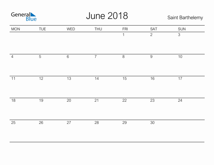 Printable June 2018 Calendar for Saint Barthelemy