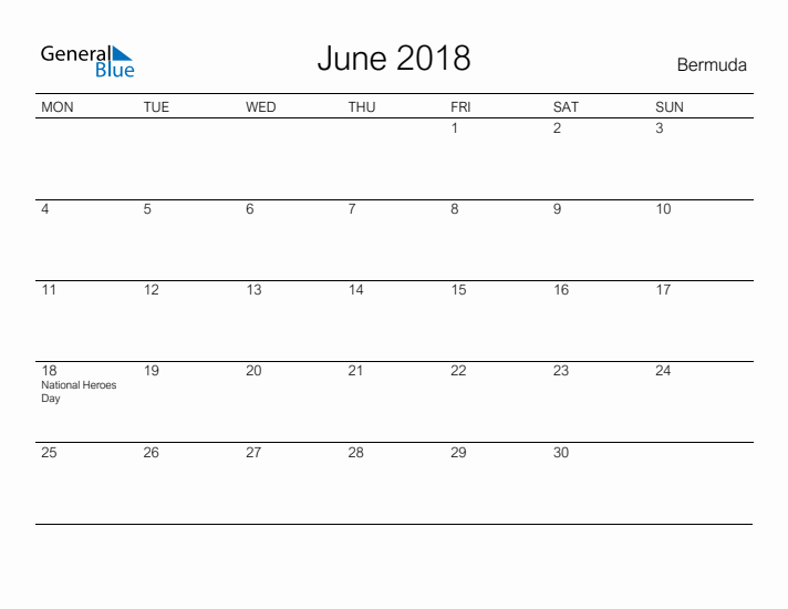 Printable June 2018 Calendar for Bermuda