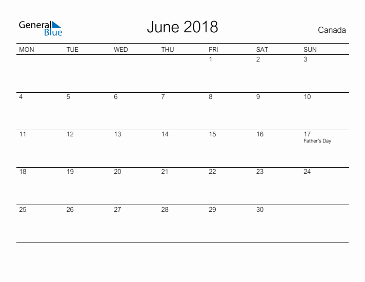 Printable June 2018 Calendar for Canada