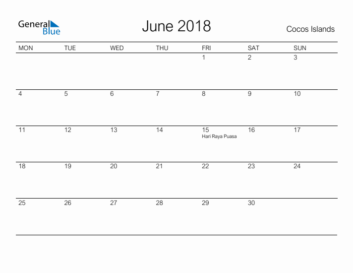 Printable June 2018 Calendar for Cocos Islands