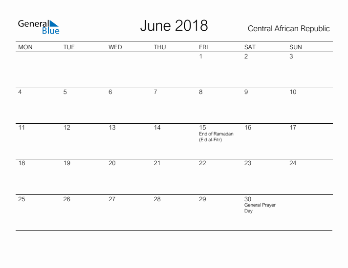 Printable June 2018 Calendar for Central African Republic