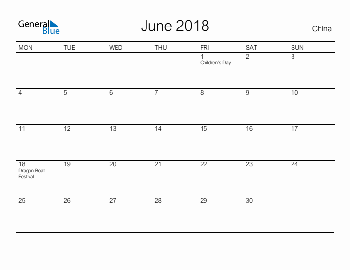 Printable June 2018 Calendar for China