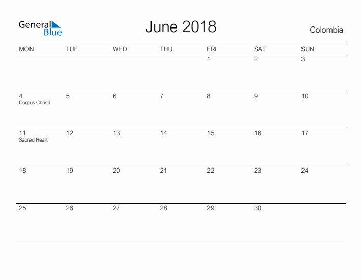 Printable June 2018 Calendar for Colombia