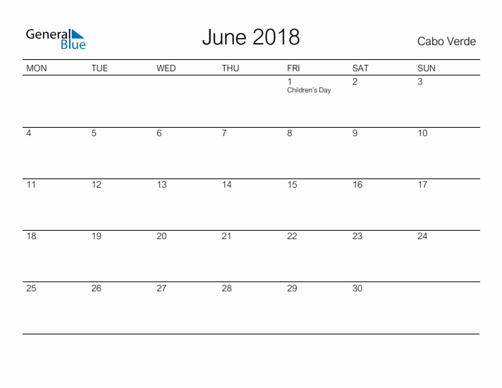 Printable June 2018 Calendar for Cabo Verde