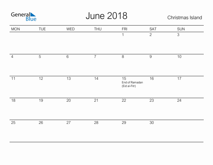 Printable June 2018 Calendar for Christmas Island