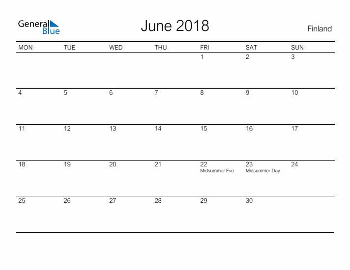 Printable June 2018 Calendar for Finland