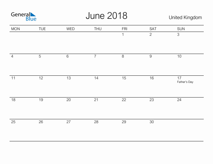 Printable June 2018 Calendar for United Kingdom