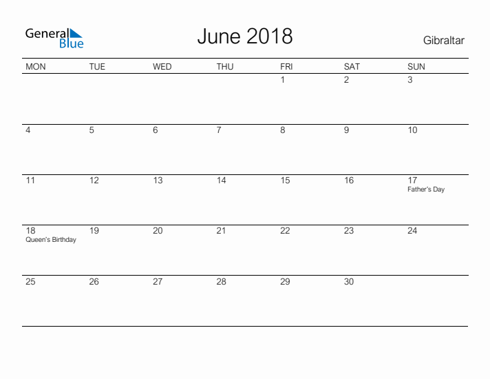 Printable June 2018 Calendar for Gibraltar