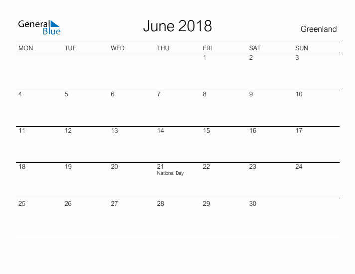 Printable June 2018 Calendar for Greenland