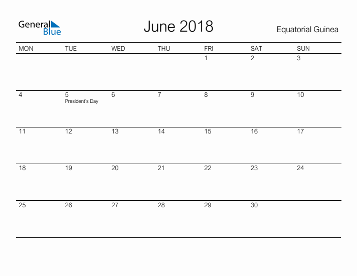 Printable June 2018 Calendar for Equatorial Guinea