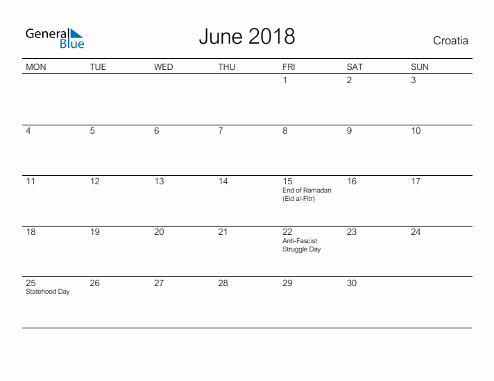 Printable June 2018 Calendar for Croatia