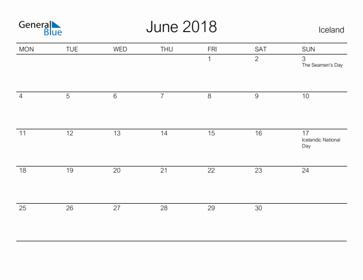 Printable June 2018 Calendar for Iceland
