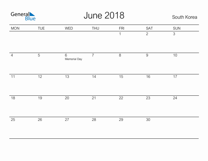 Printable June 2018 Calendar for South Korea