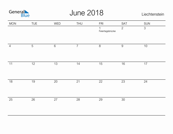 Printable June 2018 Calendar for Liechtenstein