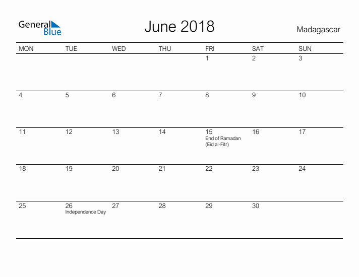 Printable June 2018 Calendar for Madagascar