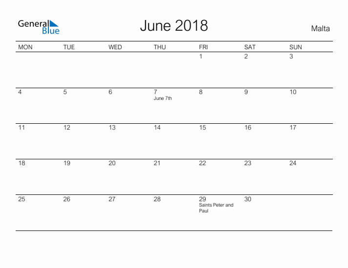 Printable June 2018 Calendar for Malta