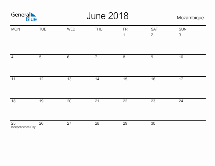 Printable June 2018 Calendar for Mozambique
