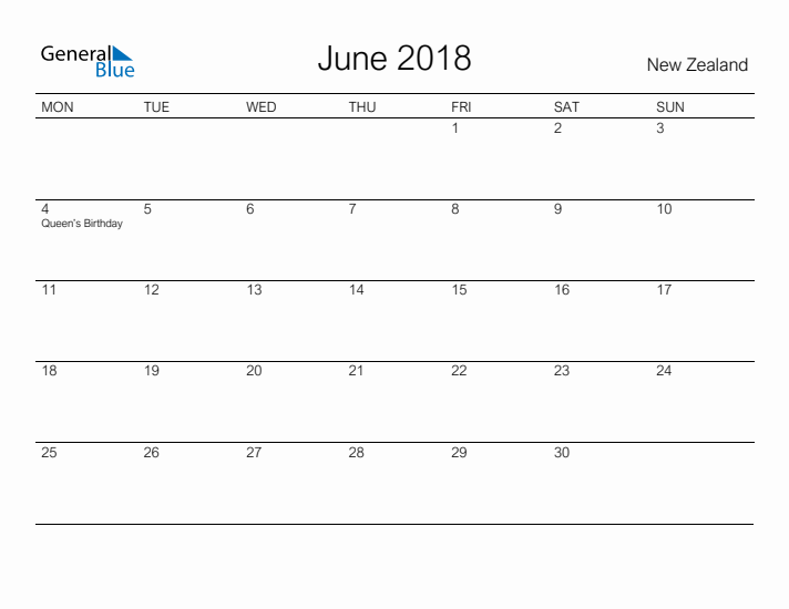 Printable June 2018 Calendar for New Zealand
