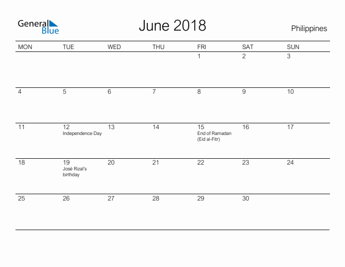 Printable June 2018 Calendar for Philippines