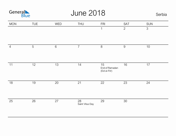 Printable June 2018 Calendar for Serbia