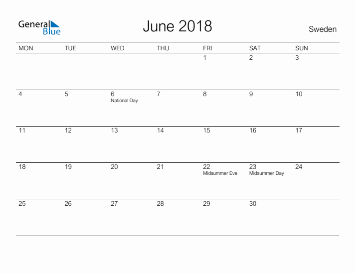 Printable June 2018 Calendar for Sweden