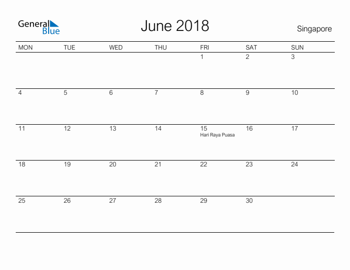 Printable June 2018 Calendar for Singapore
