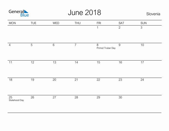Printable June 2018 Calendar for Slovenia