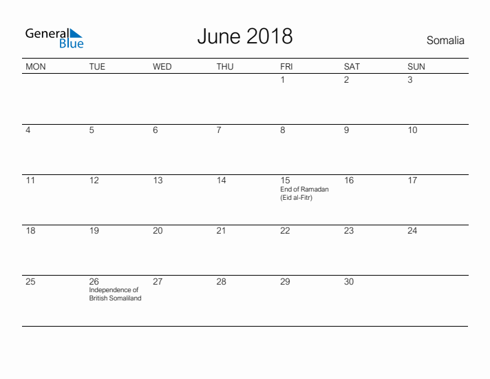 Printable June 2018 Calendar for Somalia