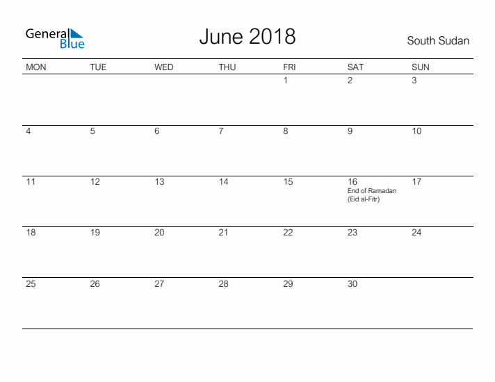 Printable June 2018 Calendar for South Sudan