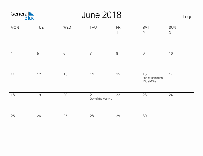 Printable June 2018 Calendar for Togo