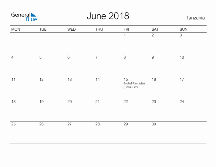 Printable June 2018 Calendar for Tanzania