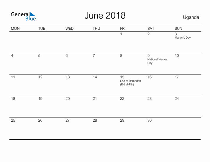 Printable June 2018 Calendar for Uganda