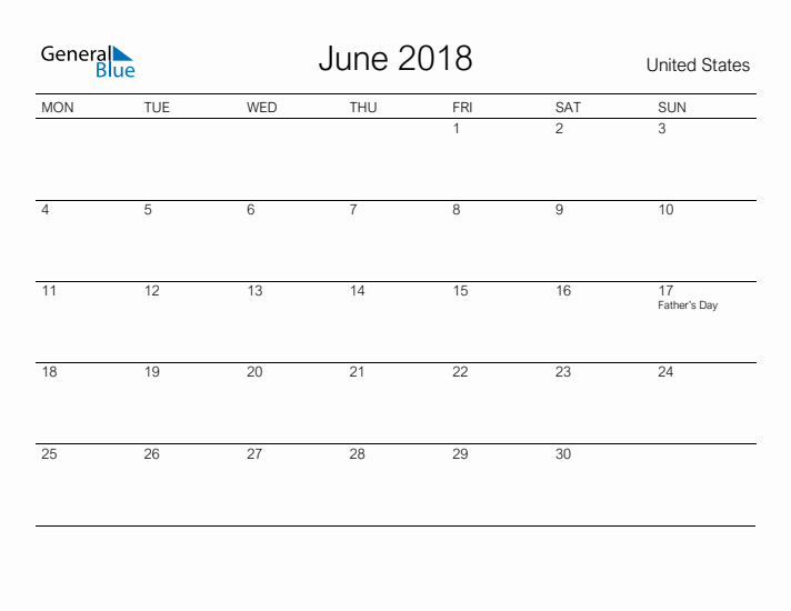 Printable June 2018 Calendar for United States