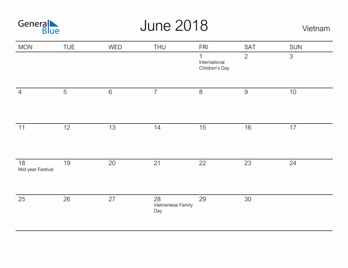 Printable June 2018 Calendar for Vietnam