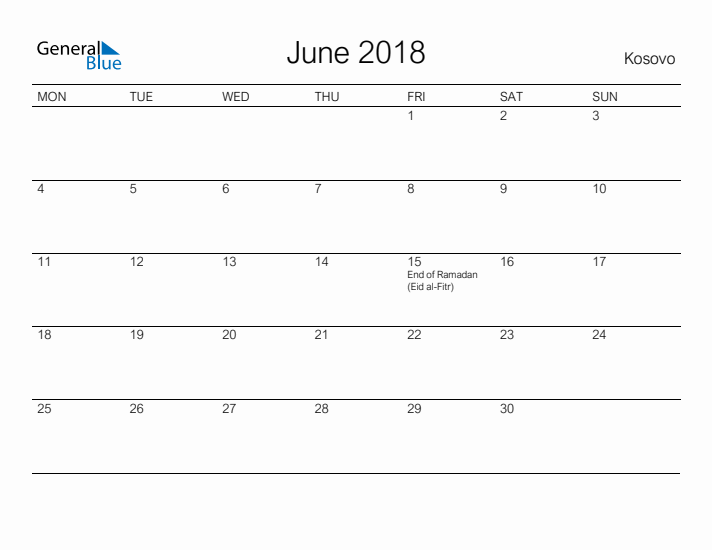 Printable June 2018 Calendar for Kosovo
