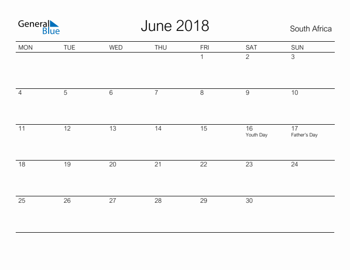 Printable June 2018 Calendar for South Africa