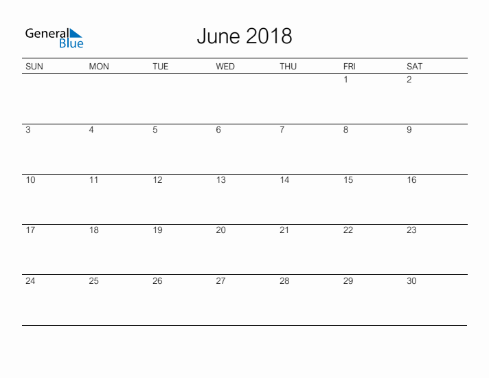 Printable June 2018 Calendar - Sunday Start