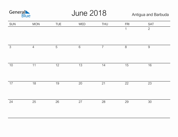 Printable June 2018 Calendar for Antigua and Barbuda