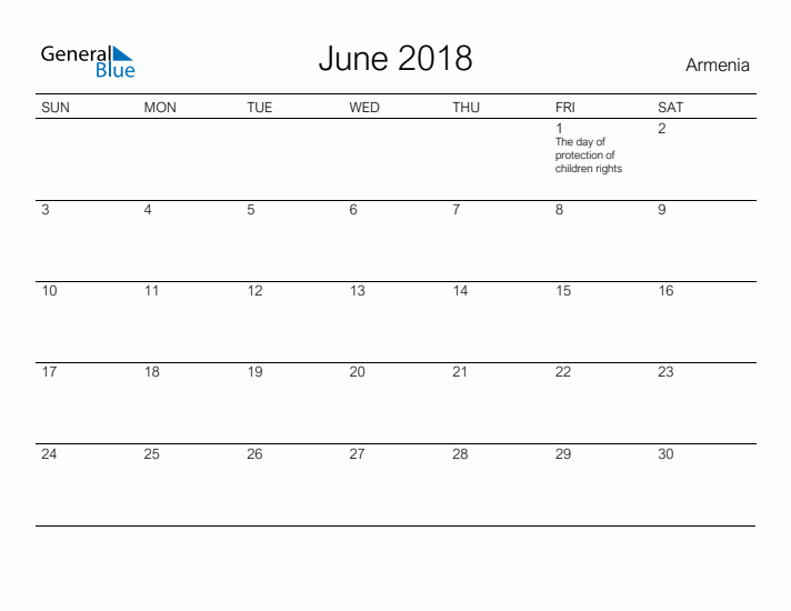 Printable June 2018 Calendar for Armenia