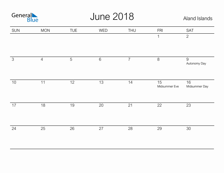 Printable June 2018 Calendar for Aland Islands