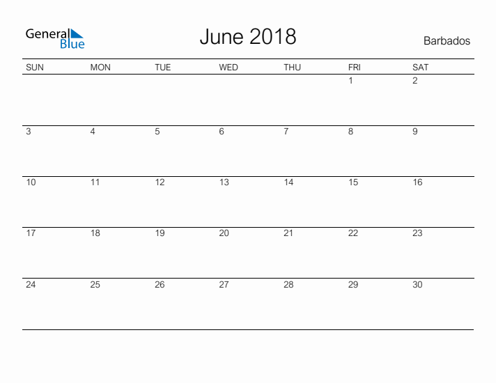 Printable June 2018 Calendar for Barbados