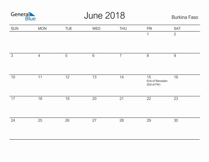 Printable June 2018 Calendar for Burkina Faso