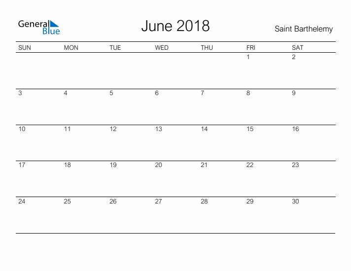 Printable June 2018 Calendar for Saint Barthelemy