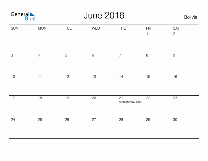 Printable June 2018 Calendar for Bolivia