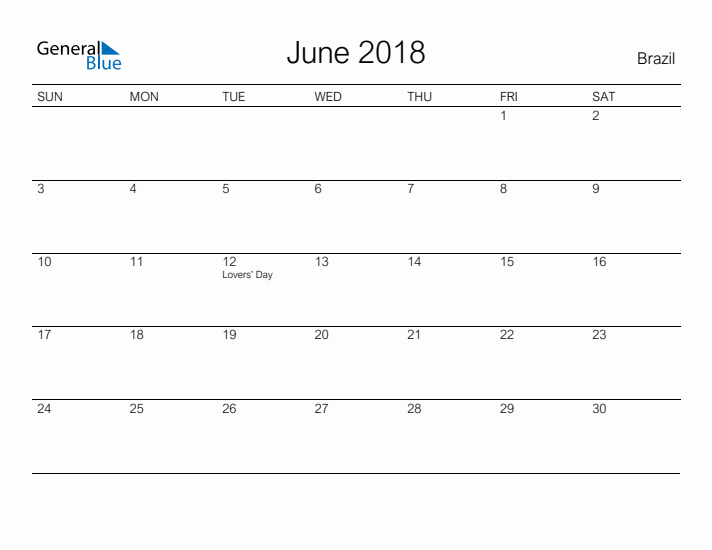 Printable June 2018 Calendar for Brazil