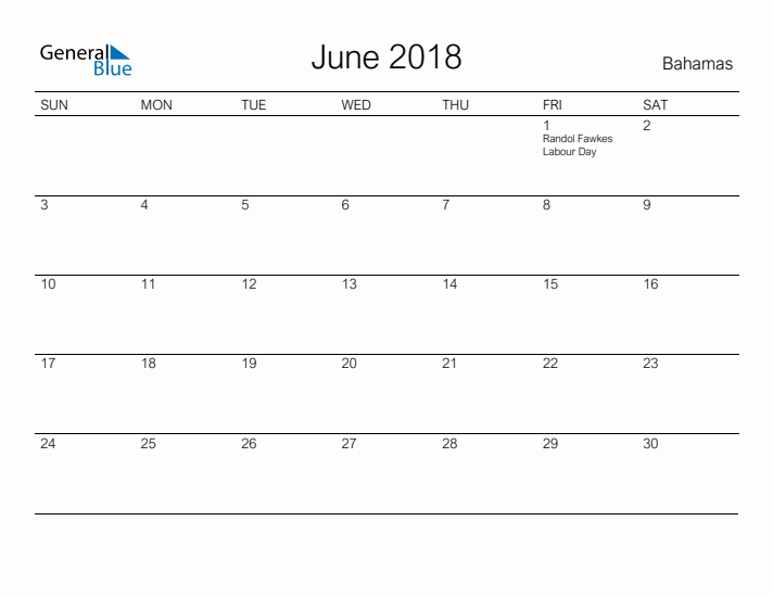 Printable June 2018 Calendar for Bahamas