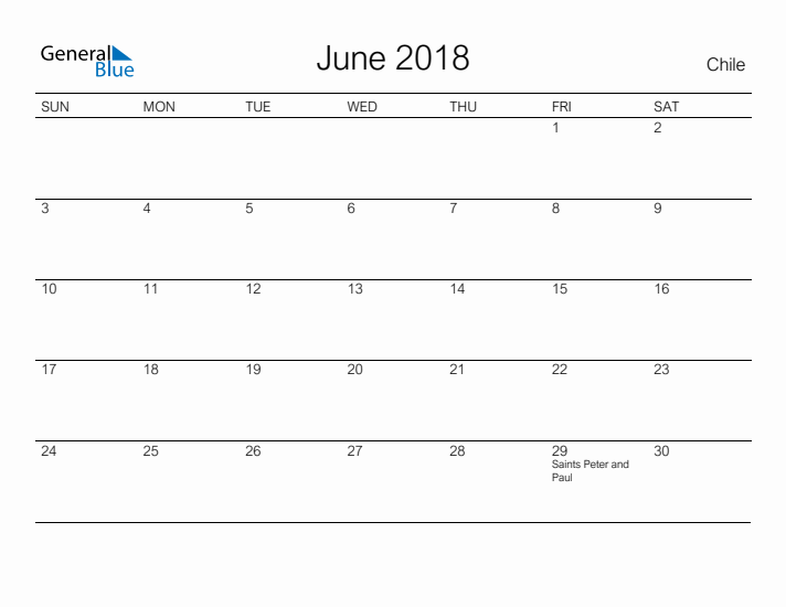 Printable June 2018 Calendar for Chile