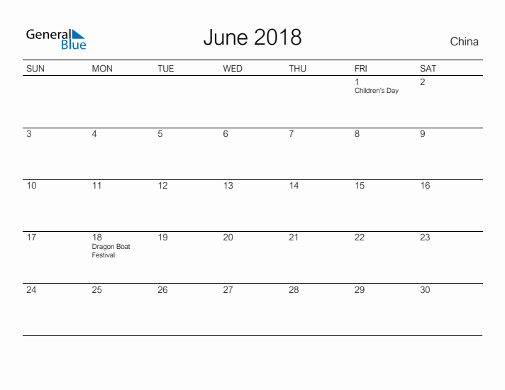 Printable June 2018 Calendar for China