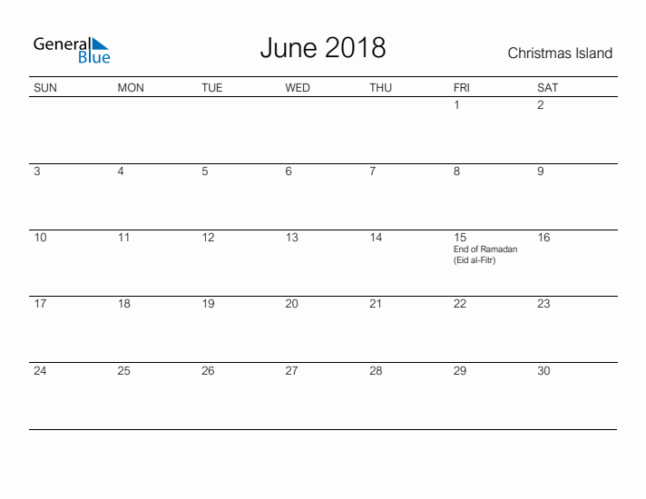 Printable June 2018 Calendar for Christmas Island